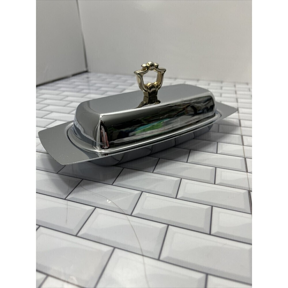 Kromex 3 Piece Butter Dish Silver Tone  Gold Tone Handle Glass Insert* Tiny Flaw